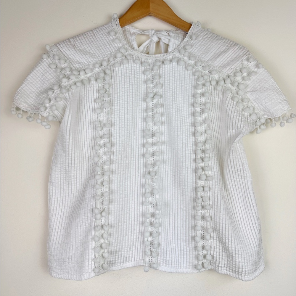 Place Nationale White Pom-Pom Trim Blouse